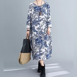 Floral Long Sleeve Dress Women's M Blue White Elegant Chic Spring Casual